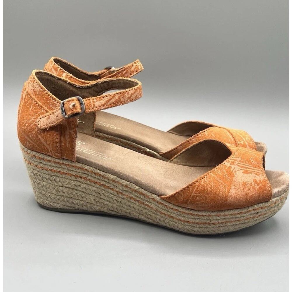 Toms Women’s US 8 Wedges Suede Orange Woven Heels Espadrilles Peep‎ Toe Court